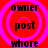 Red background with four identical circular patterns, each containing three lines of text: 'owner', 'post', and 'whore' in black pixelated font.