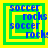 Four identical pixelated squares with green and yellow borders display blue text reading "soccer rocks" in a layered, overlapping arrangement.