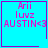 Four identical cyan square with purple borders display pink text reading 'Arii luvz AUSTIN<3' and differ only by small symbols in the bottom-right corner