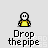 Pixel art buddy icon with yellow-shirted character and pink elephant, text 'Drop the pipe' below, animated elephant and character pose changes across frames