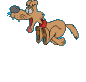 Animated cartoon dog in multiple poses with a red collar, brown body, and blue nose on gray background.