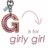 Animated icon with four quadrants: top-left shows a large brown 'G' with keychain, pink arrow pointing to text; top-right displays sunglasses and blue/black icons; bottom-left has pink background with lipstick and white text; bottom-right is empty gray.