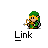 Animated contact sheet of pixel art frames showing Link from The Legend of Zelda series performing various actions with fire effects and small brown creatures, each labeled "Link" below the icon.