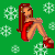 Pixel art contact sheet showing four frames of an animated Christmas-themed buddy icon with a cartoon woman in red dress and high heels against green snowflake background, plus text panels reading "all I want for Christmas is you" on red backgrounds.
