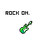 Four pixelated electric guitars in green, pink, purple, and red beneath 'ROCK ON.' text on a white background.