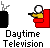 Pixelated cartoon character with white head and yellow face sits in red chair, black-and-blue TV emits static; text bubbles change across frames.