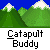 Pixel art animation of a catapult launching projectiles against a wooden fence, with green mountains and blue sky background.