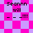 Pixelated text "Seann will - - _!!!!" on a pink and purple checkered background with two distinct pattern variations.