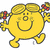 Yellow cartoon character with braided hair and red bows, smiling while holding a flower in one hand.