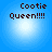 Four identical pixelated blue circular icons with dark brown text reading "Cootie Queen!!!!" arranged in a on a solid light blue background