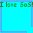 Four cyan squares with pink borders display green text 'I love SoS' and small pixelated symbols in corners.