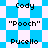 Pixelated text labels 'Cody', 'Pucello', and 'Pooch' appear on a blue-and-white checkered background with diamond-shaped