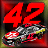 Pixelated static icon featuring large red number 42 above a blurred race car with red, white, and yellow accents on dark background.
