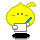 Yellow pixelated character with two small square eyes, red cheeks, and a blue pen-like object held near its face in four
