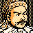 Pixelated 48x48 static buddy icon featuring a stylized male face with orange hair, black mustache, and serious expression against a checkered background.