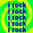 Blue text 'i rock' repeated vertically in four on a green and yellow spiral background with no visible animation changes