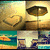 Pixelated collage of four distinct scenes: a sunlit landscape with trees, a large brown mushroom on a stem, an ocean wave, and two figures in motion.