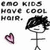 Pixelated image with text 'NO KIDS HAVE COOL HAIR.' and a stick figure with spiky black hair and a pink heart symbol.