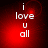 Red background with white text 'i love u all' arranged vertically, showing subtle pixel variations across four