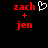 Red pixelated text 'zach', '+', and 'jen' on black background with white heart symbol above 'zach'.
