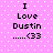 Pixelated text on pink polka-dot background reads 'I Love Dustin .....<33' with four identical copies arranged in a