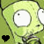 Green cartoon character with large white eyes and black pupils, one side showing a black heart symbol, the other a white heart symbol.