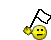Yellow smiley face with flat mouth holding white flag on black pole, displayed in six positions against gray background