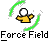 A 4-frame animated contact sheet showing a yellow stick figure with white head and outstretched arms surrounded by green circular motion lines, displayed on gray background with "Force Field" text below each frame.