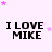 Pixelated text "I LOVE MIKE" repeated across a light pink background with scattered purple and white stars.