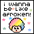 Pixel art character with rainbow hair and closed eyes, surrounded by multicolored stars beneath text reading 'i wanna be like afroken!' in black lowercase letters.