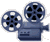 Four blue film projector icons arranged in a on gray background, each with two reels and visible film strips