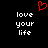 Red pixelated heart symbol above white text reading 'love your life' on black background, duplicated side-by-side.