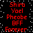 Red pixelated text repeats vertically on a black background with scattered white dots, forming a wordwall of 'Shiro Yael Pheobe BFF Forever' in two