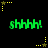 Green 'shhhh!' text appears on black background with yellow star and dot patterns in corners and midpoints.