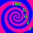 Four identical spiral patterns with alternating blue and pink stripes, each containing green text reading "ImC" and "R A Z Y" in a pixelated font on a solid blue background.