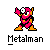 Pixelated character in pink and orange attire with one eye, raised arm, and open mouth, standing above stylized text on gray background.