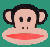 Pixelated monkey face with black hair, large ears, and red lips on colored backgrounds.