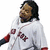 A pixelated image of a person in a white baseball jersey with red accents, positioned next to blue text on a solid red background.