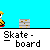 Pixel art animation of a yellow character performing skateboarding actions above gray block structures on blue background with "Skate-board" text below.
