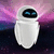 A white robot with blue eyes stands against a purple and pink gradient background, its head slightly tilted.