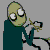 Pixelated character with large eyes holds a small object above an orange spoon, next to red and orange text on gray background.