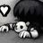 Black-and-white pixelated animation of a character with large eyes and dark hair, leaning forward with hands on the ground near a heart symbol.