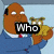 A cartoon character in a blue suit holds a small dog while text overlays change sequentially.