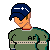 Pixel art contact sheet showing three static frames of a character in military-style clothing with baseball-themed text and icons below.
