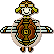Pixel art character with aviator goggles, green sideburns, and a brown circular chest emblem on light pink body.