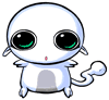 identical cartoon characters with white rounded heads, gray bodies, and curled tails displaying various facial expressions including closed eyes, open mouths, and large green eyes