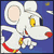 Pixelated cartoon character with white fur, yellow eyes, and red nose against blue background holding a colorful object.