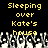 Yellow pixelated text reading "Sleeping over Kate's house" on black background with white and gray abstract shapes below.