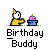 Animated contact sheet of a birthday-themed buddy icon showing sequential frames with a stick figure, cake, and confetti effects.