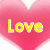 four heart-shaped icons with the word 'Love' in different colors and styles on a pink gradient background